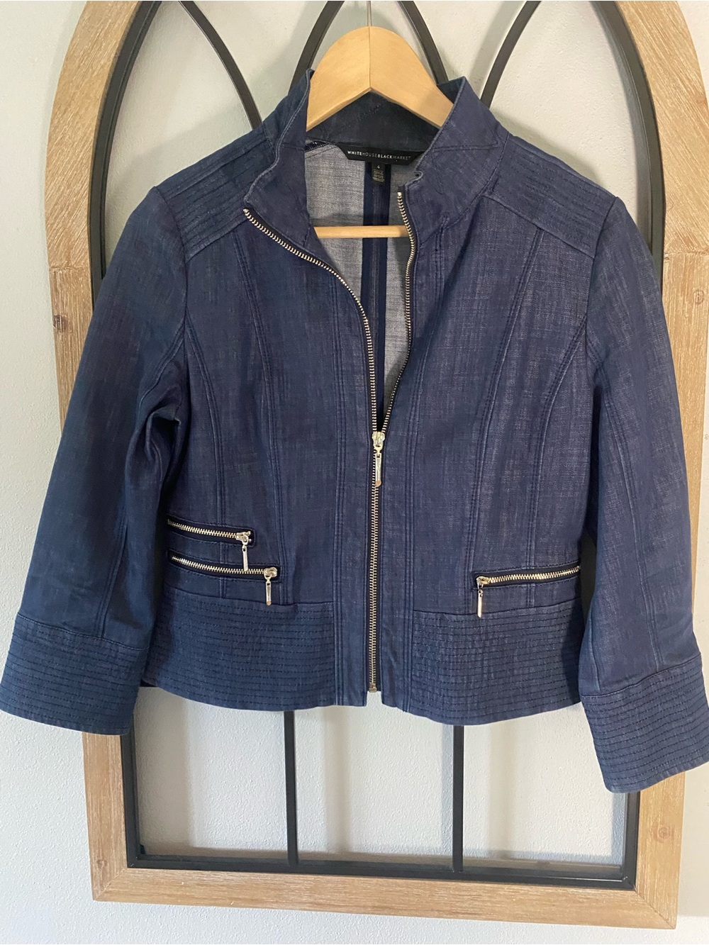 WHBM Classy Denim Blue Women's Zip Short Jacket 3/4 Sleeve Size 4 Small
